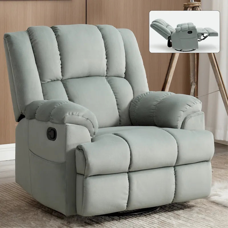 Fauteuil inclinable vert surdimensionné en tissu avec pivotement à 360°, fonction bascule et commandes manuelles pour un confort maximal