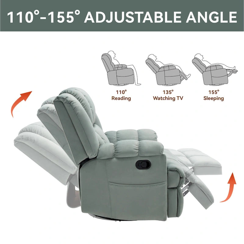 Fauteuil inclinable vert surdimensionné en tissu avec pivotement à 360°, fonction bascule et commandes manuelles pour un confort maximal