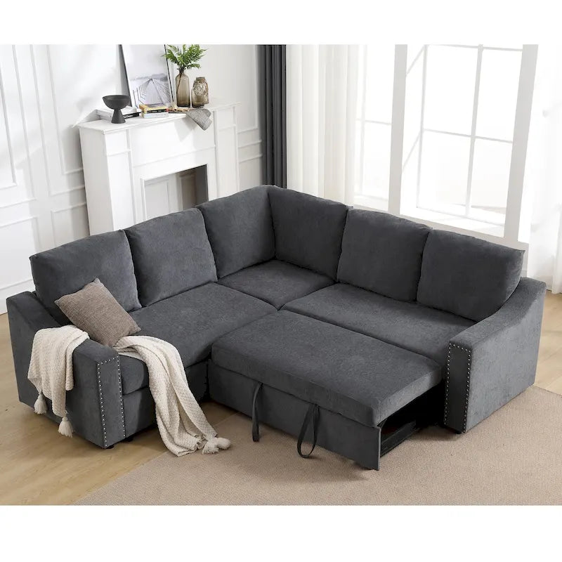 Canapé d'angle en L 5 places de 207 cm avec lit gigogne et 6 coussins, canapé d'angle multifonctionnel pour salon