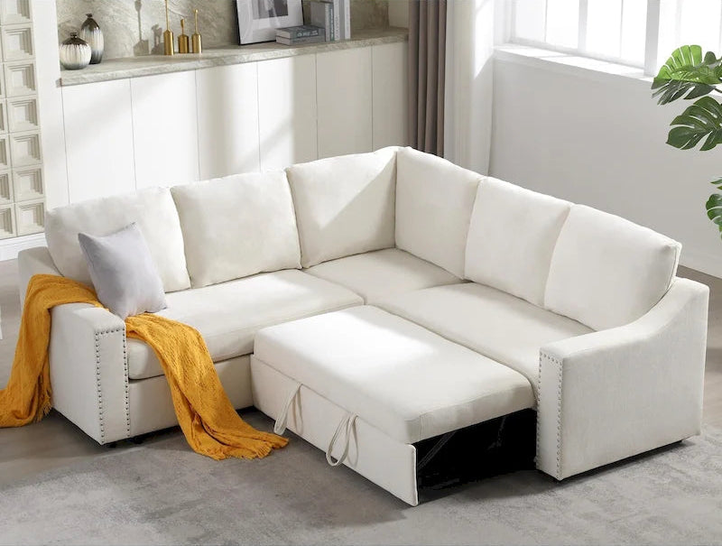 Canapé d'angle en L 5 places de 207 cm avec lit gigogne et 6 coussins, canapé d'angle multifonctionnel pour salon