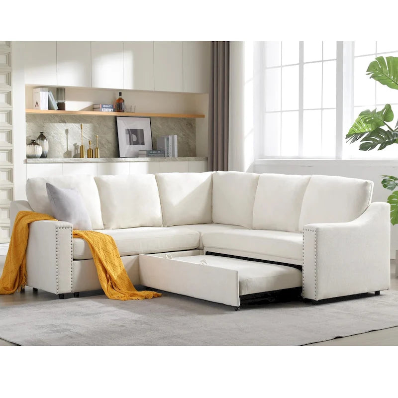 Canapé d'angle en L 5 places de 207 cm avec lit gigogne et 6 coussins, canapé d'angle multifonctionnel pour salon
