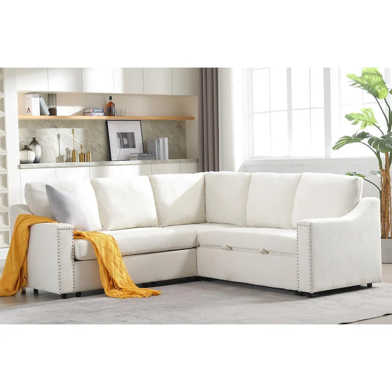 Canapé d'angle en L 5 places de 207 cm avec lit gigogne et 6 coussins, canapé d'angle multifonctionnel pour salon