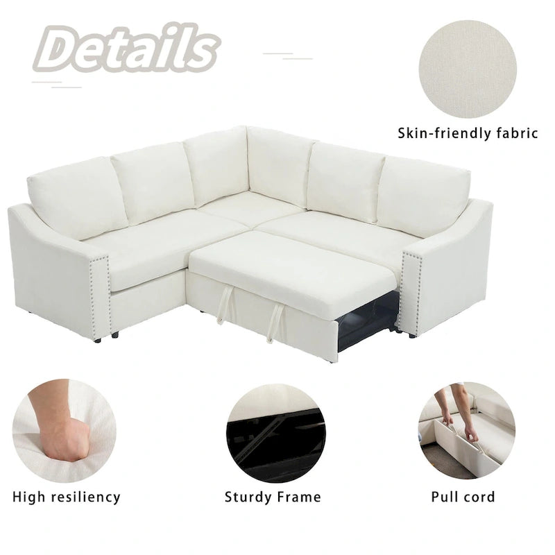 Canapé d'angle en L 5 places de 207 cm avec lit gigogne et 6 coussins, canapé d'angle multifonctionnel pour salon