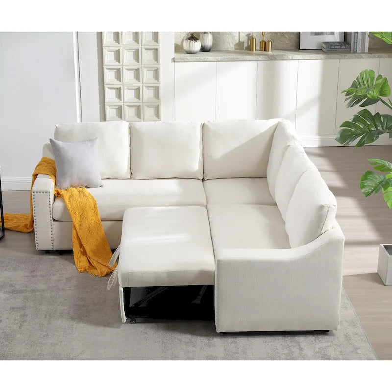 Canapé d'angle en L 5 places de 207 cm avec lit gigogne et 6 coussins, canapé d'angle multifonctionnel pour salon