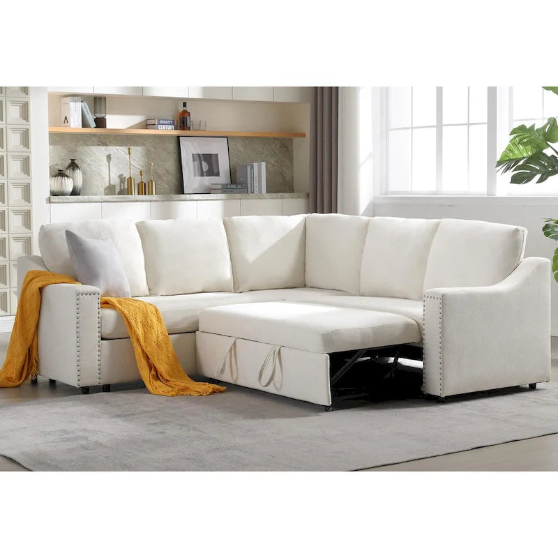 Canapé d'angle en L 5 places de 207 cm avec lit gigogne et 6 coussins, canapé d'angle multifonctionnel pour salon