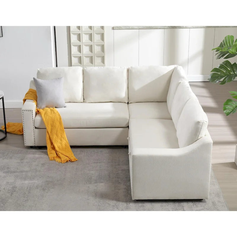 Canapé d'angle en L 5 places de 207 cm avec lit gigogne et 6 coussins, canapé d'angle multifonctionnel pour salon