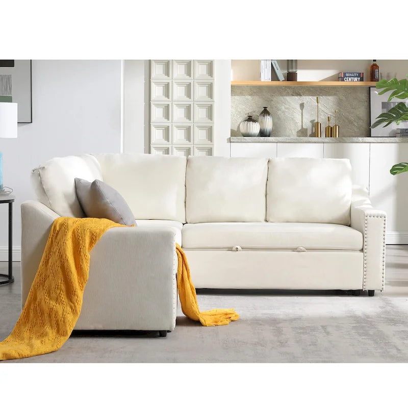 Canapé d'angle en L 5 places de 207 cm avec lit gigogne et 6 coussins, canapé d'angle multifonctionnel pour salon