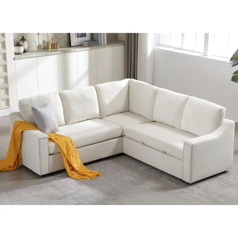 Canapé d'angle en L 5 places de 207 cm avec lit gigogne et 6 coussins, canapé d'angle multifonctionnel pour salon