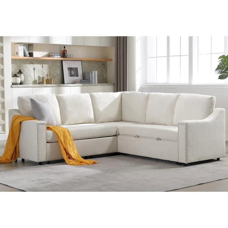 Canapé d'angle en L 5 places de 207 cm avec lit gigogne et 6 coussins, canapé d'angle multifonctionnel pour salon