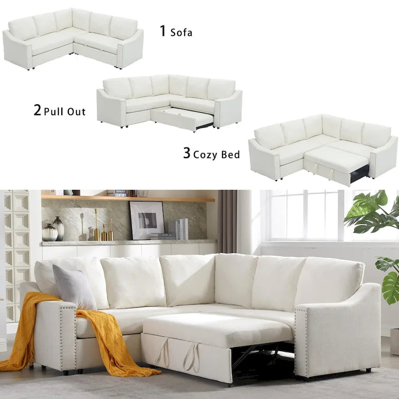 Canapé d'angle en L 5 places de 207 cm avec lit gigogne et 6 coussins, canapé d'angle multifonctionnel pour salon