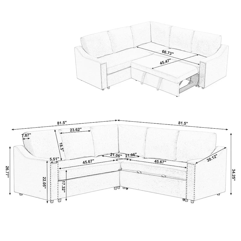 Canapé d'angle en L 5 places de 207 cm avec lit gigogne et 6 coussins, canapé d'angle multifonctionnel pour salon