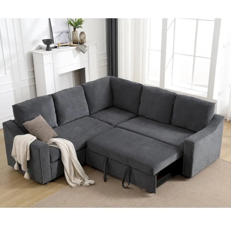 Canapé d'angle en L 5 places de 207 cm avec lit gigogne et 6 coussins, canapé d'angle multifonctionnel pour salon