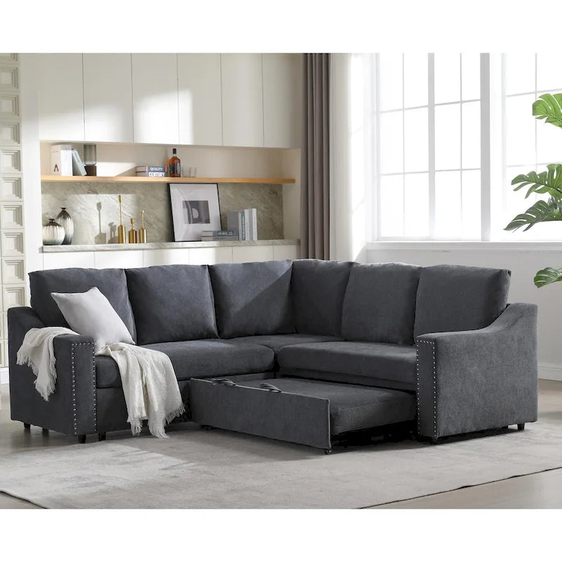 Canapé d'angle en L 5 places de 207 cm avec lit gigogne et 6 coussins, canapé d'angle multifonctionnel pour salon