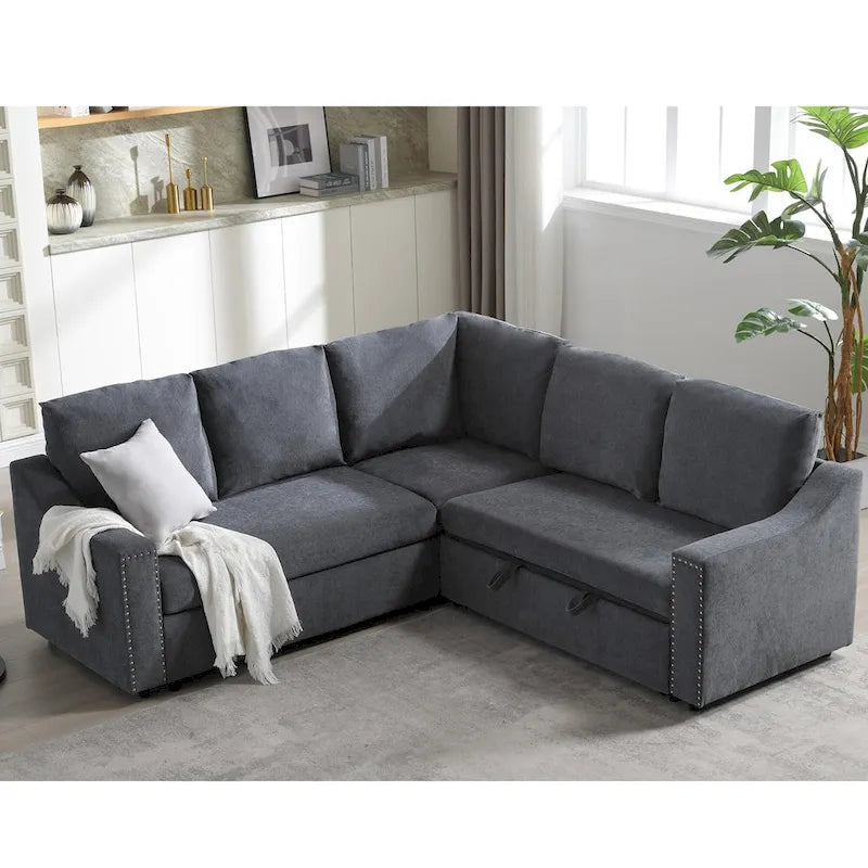 Canapé d'angle en L 5 places de 207 cm avec lit gigogne et 6 coussins, canapé d'angle multifonctionnel pour salon