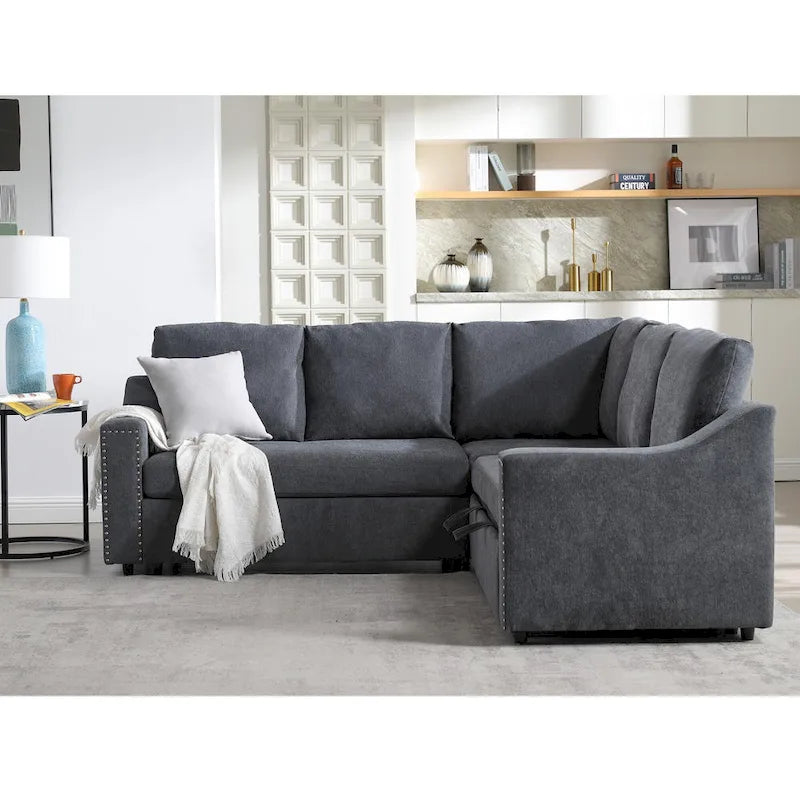 Canapé d'angle en L 5 places de 207 cm avec lit gigogne et 6 coussins, canapé d'angle multifonctionnel pour salon