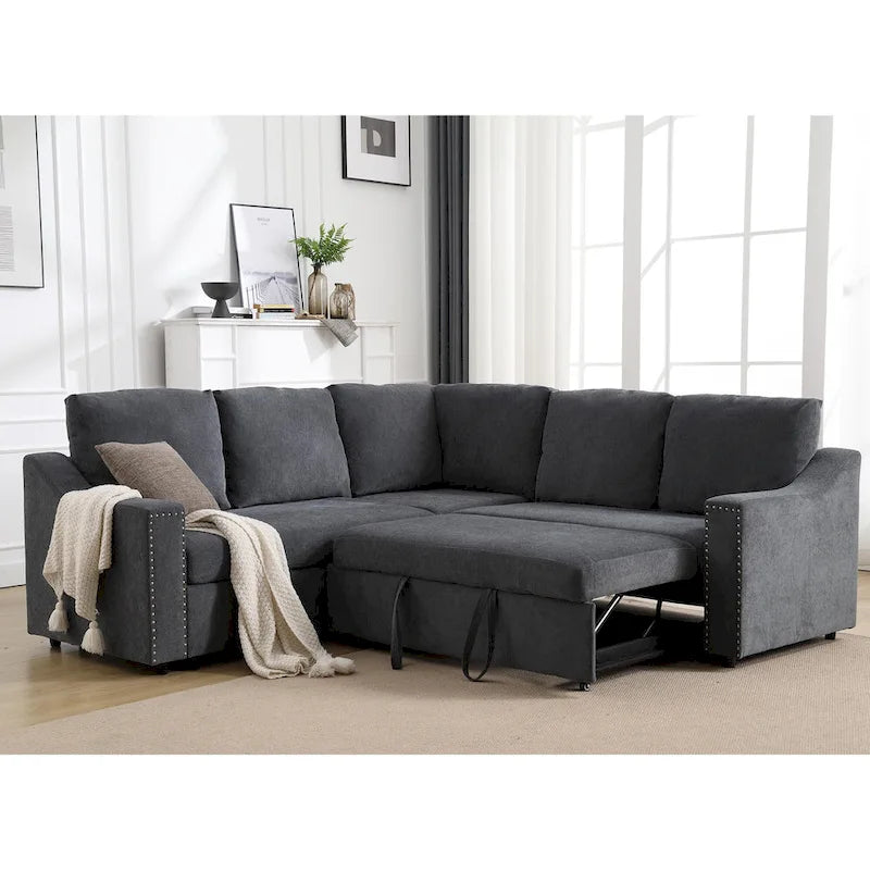 Canapé d'angle en L 5 places de 207 cm avec lit gigogne et 6 coussins, canapé d'angle multifonctionnel pour salon
