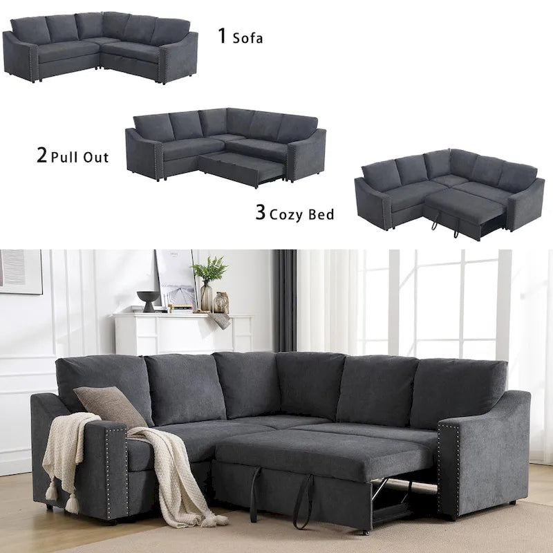 Canapé d'angle en L 5 places de 207 cm avec lit gigogne et 6 coussins, canapé d'angle multifonctionnel pour salon
