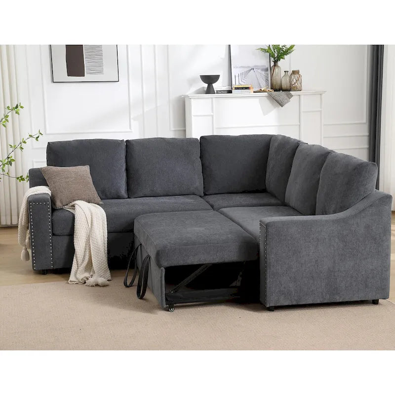 Canapé d'angle en L 5 places de 207 cm avec lit gigogne et 6 coussins, canapé d'angle multifonctionnel pour salon