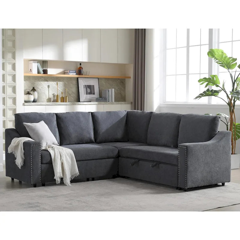 Canapé d'angle en L 5 places de 207 cm avec lit gigogne et 6 coussins, canapé d'angle multifonctionnel pour salon