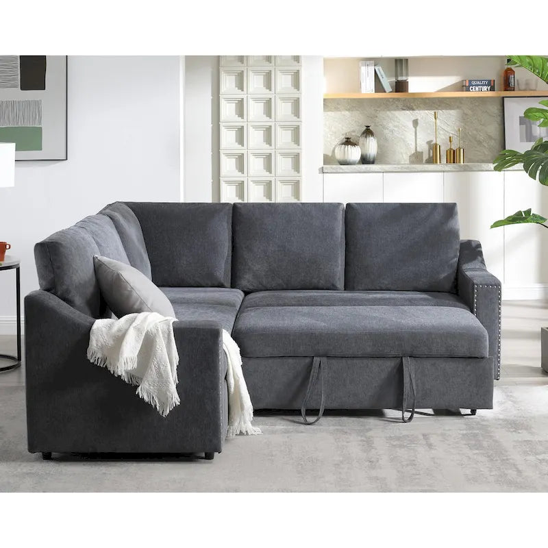 Canapé d'angle en L 5 places de 207 cm avec lit gigogne et 6 coussins, canapé d'angle multifonctionnel pour salon