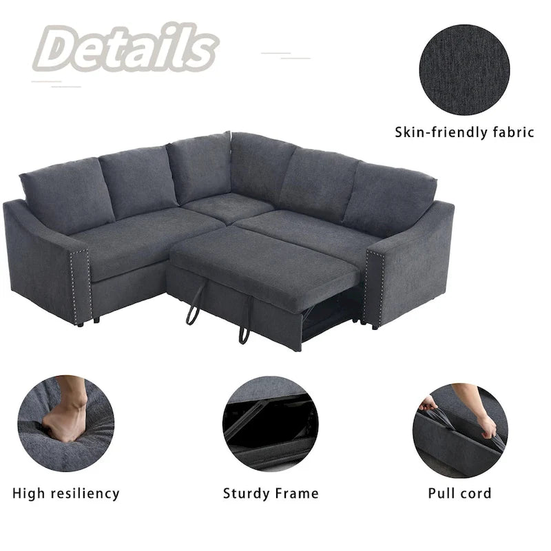 Canapé d'angle en L 5 places de 207 cm avec lit gigogne et 6 coussins, canapé d'angle multifonctionnel pour salon