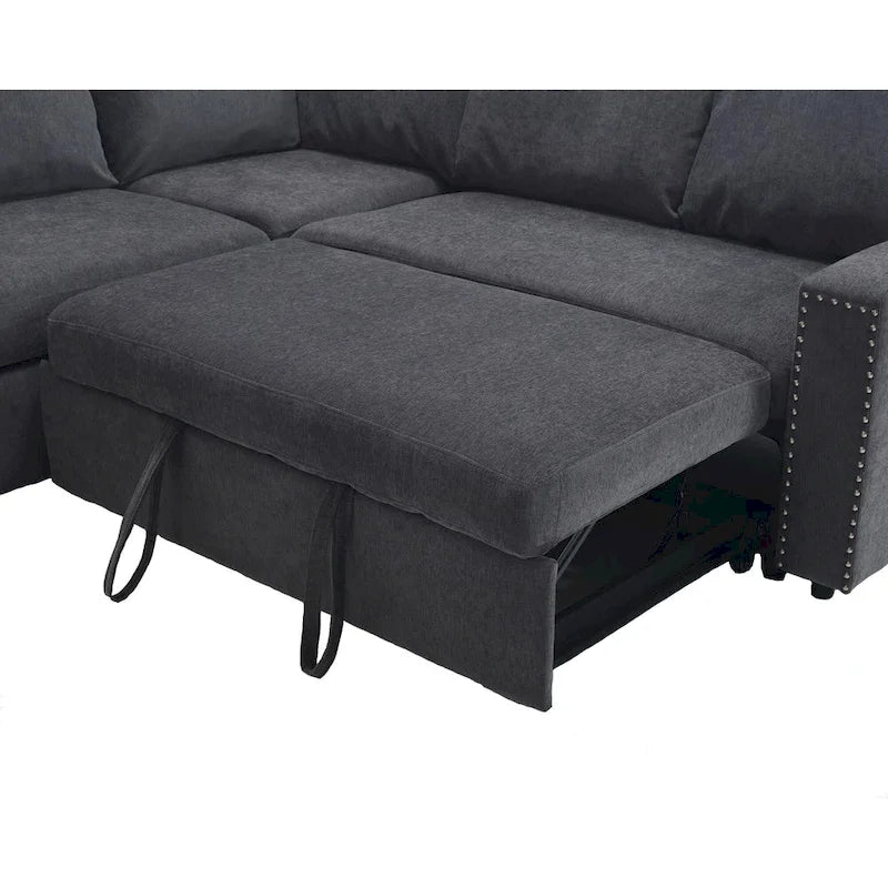 Canapé d'angle en L 5 places de 207 cm avec lit gigogne et 6 coussins, canapé d'angle multifonctionnel pour salon