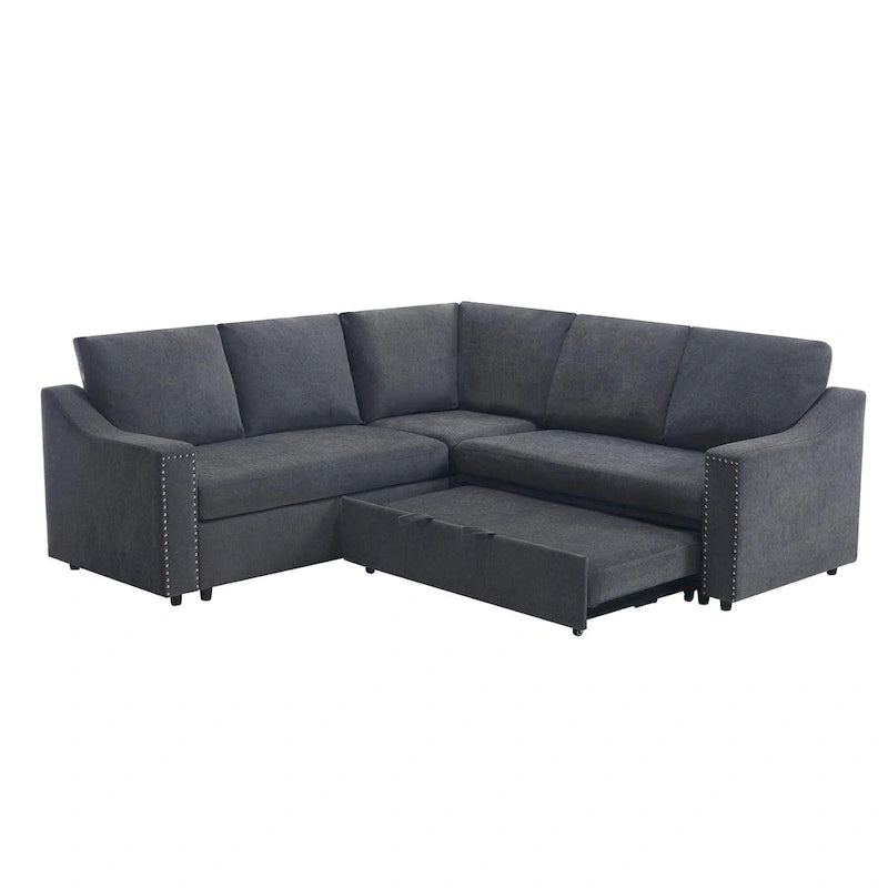 Canapé d'angle en L 5 places de 207 cm avec lit gigogne et 6 coussins, canapé d'angle multifonctionnel pour salon