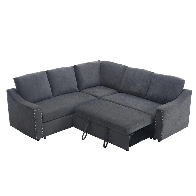 Canapé d'angle en L 5 places de 207 cm avec lit gigogne et 6 coussins, canapé d'angle multifonctionnel pour salon