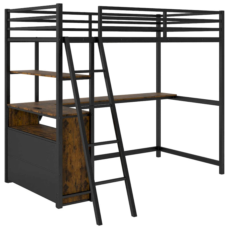 Lit mezzanine noir en métal et bois, taille double, avec bureau, tiroirs et port USB