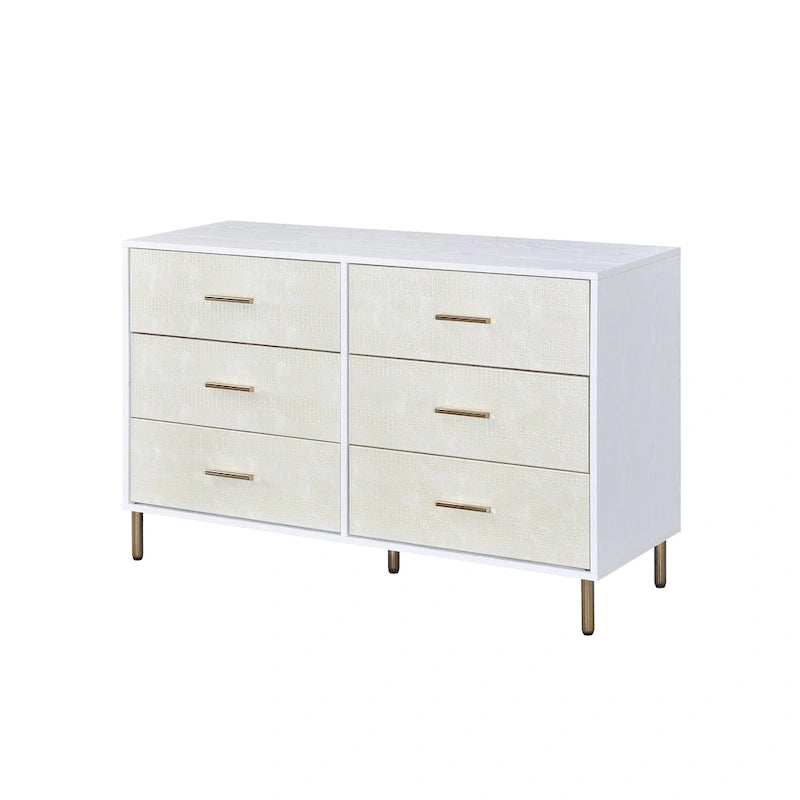 Commode double à 6 tiroirs en bois massif, Armoire de rangement avec façades de tiroirs à lattes et poignée en métal, Rangement de vêtements pour chambre à coucher