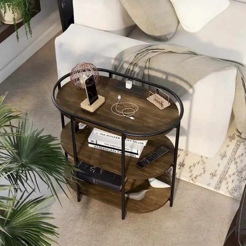 Table d'appoint à 3 niveaux en acier brun industriel 26 pouces Moore avec ports USB et prises par Furniture of America