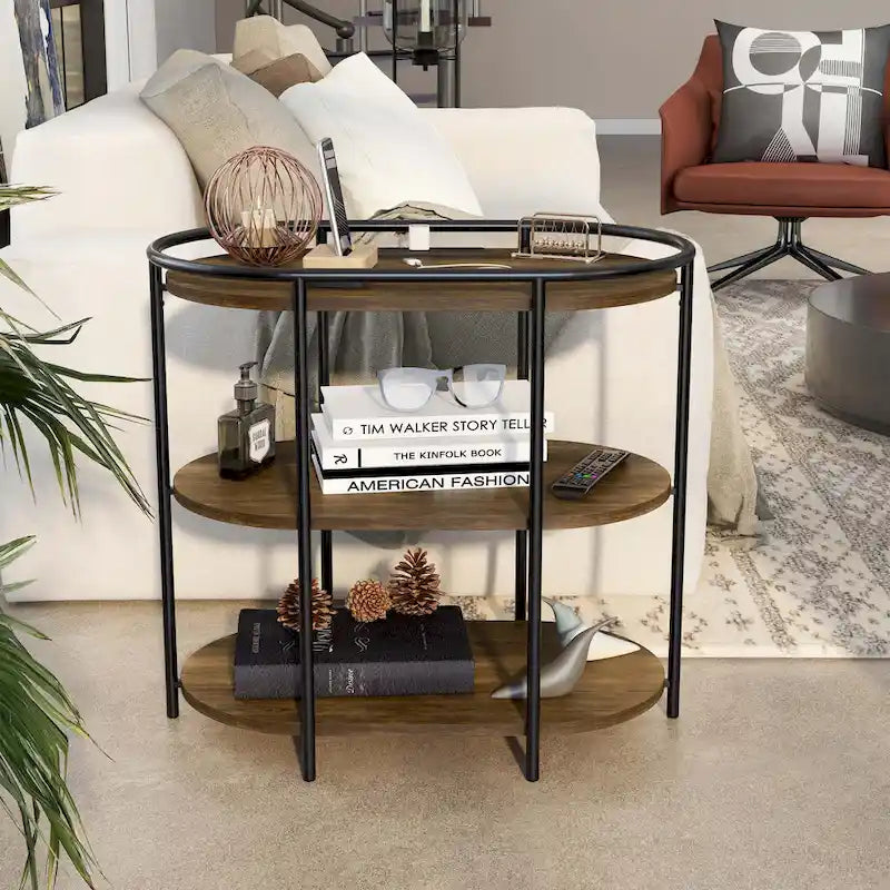 Table d'appoint à 3 niveaux en acier brun industriel 26 pouces Moore avec ports USB et prises par Furniture of America