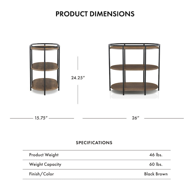 Table d'appoint à 3 niveaux en acier brun industriel 26 pouces Moore avec ports USB et prises par Furniture of America