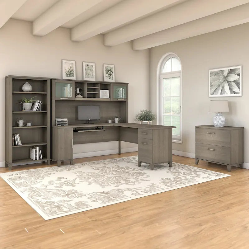 Bureau d'angle en L Somerset 72W avec huche, armoire et bibliothèque en gris