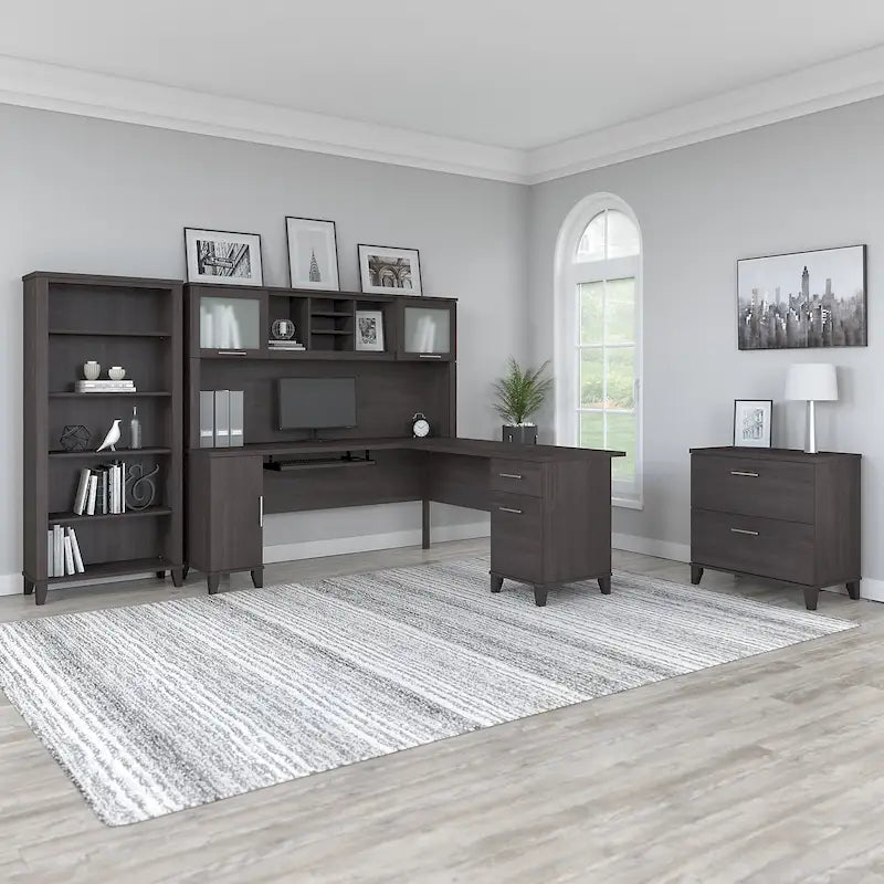 Bureau d'angle en L Somerset 72W avec huche, armoire et bibliothèque en gris