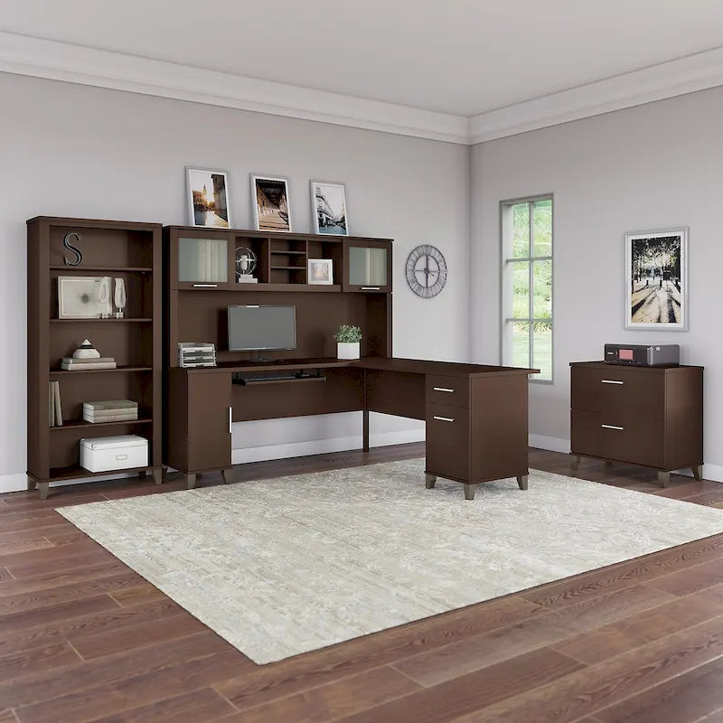 Bureau d'angle en L Somerset 72W avec huche, armoire et bibliothèque en gris