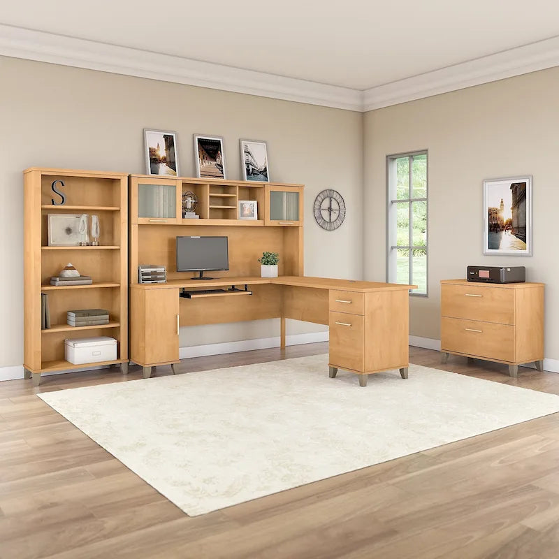 Bureau d'angle en L Somerset 72W avec huche, armoire et bibliothèque en gris
