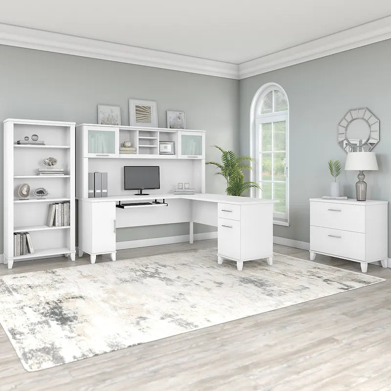 Bureau d'angle en L Somerset 72W avec huche, armoire et bibliothèque en gris