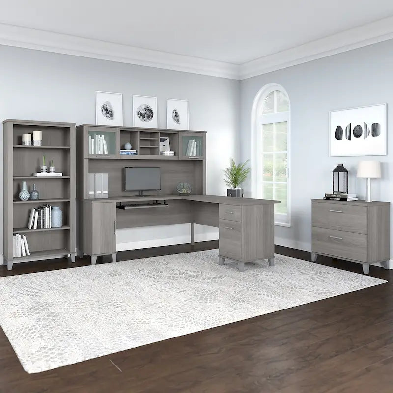 Bureau d'angle en L Somerset 72W avec huche, armoire et bibliothèque en gris