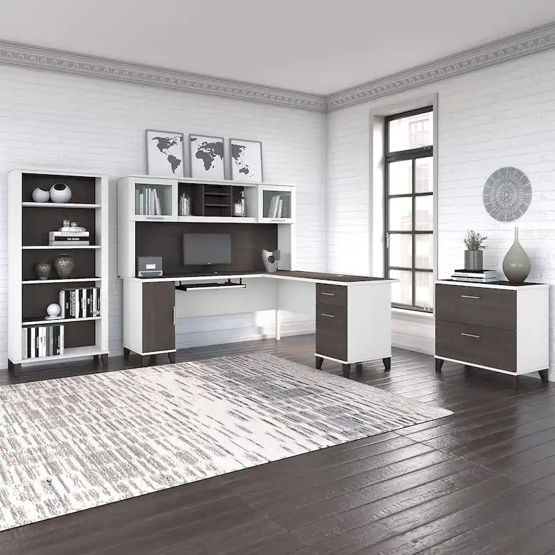 Bureau d'angle en L Somerset 72W avec huche, armoire et bibliothèque en gris