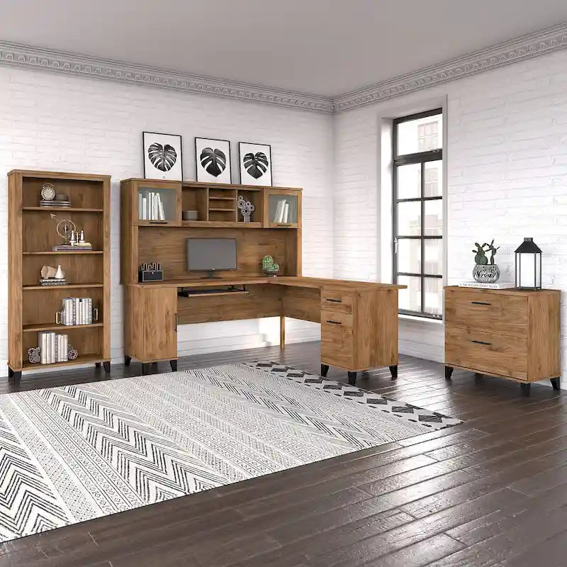 Bureau d'angle en L Somerset 72W avec huche, armoire et bibliothèque en gris