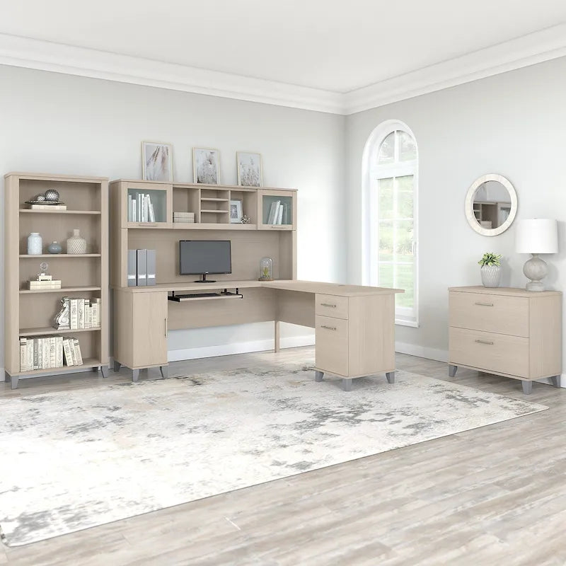 Bureau d'angle en L Somerset 72W avec huche, armoire et bibliothèque en gris