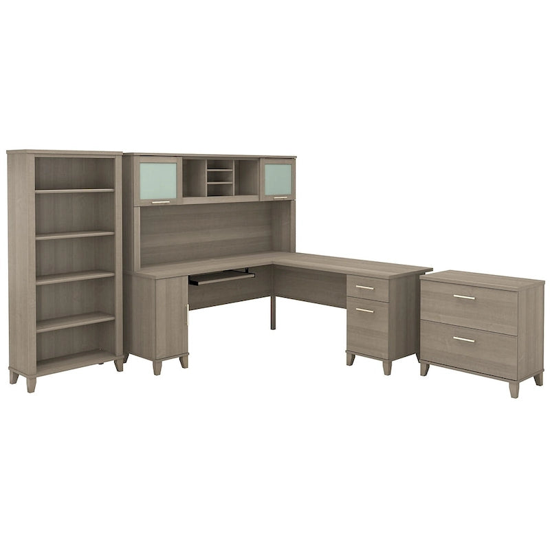 Bureau d'angle en L Somerset 72W avec huche, armoire et bibliothèque en gris