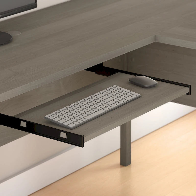 Bureau d'angle en L Somerset 72W avec huche, armoire et bibliothèque en gris