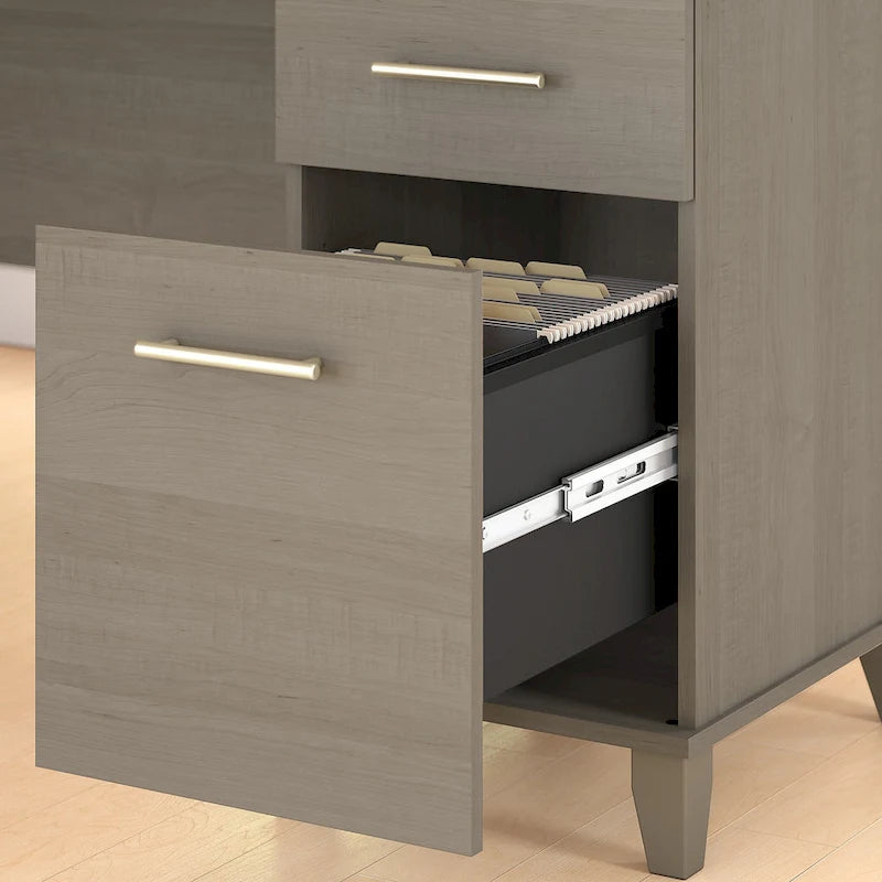 Bureau d'angle en L Somerset 72W avec huche, armoire et bibliothèque en gris
