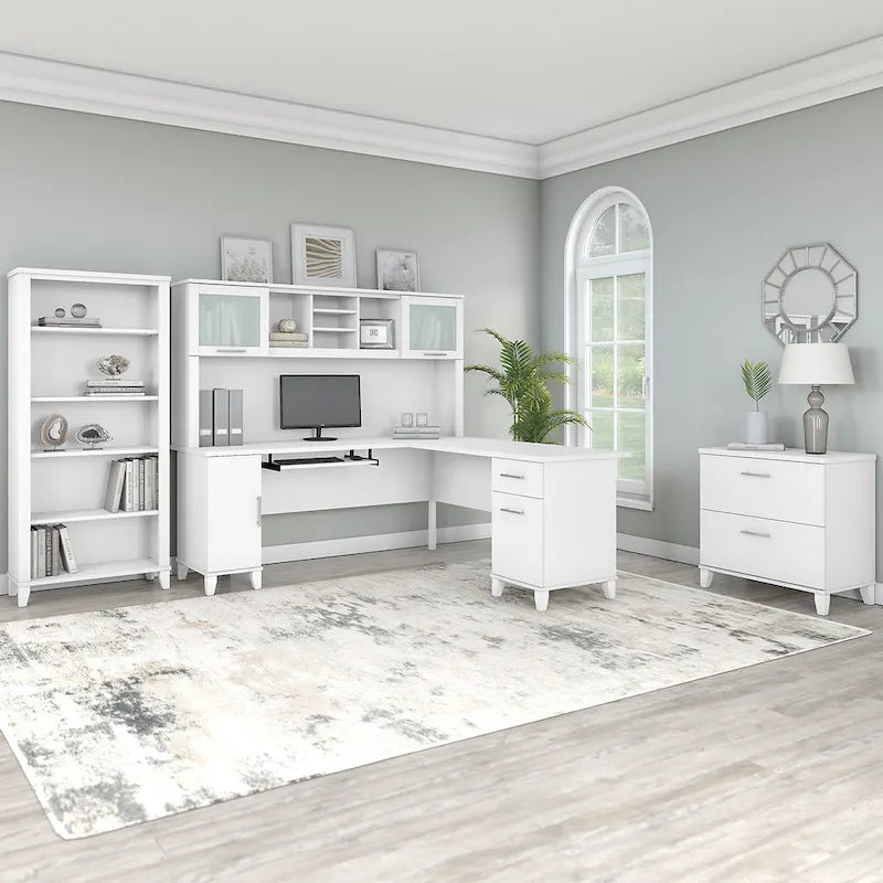 Bureau d'angle en L Somerset 72W avec huche, armoire et bibliothèque en gris