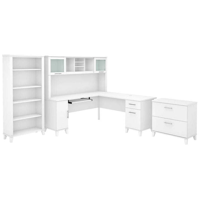 Bureau d'angle en L Somerset 72W avec huche, armoire et bibliothèque en gris