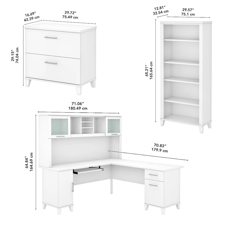 Bureau d'angle en L Somerset 72W avec huche, armoire et bibliothèque en gris