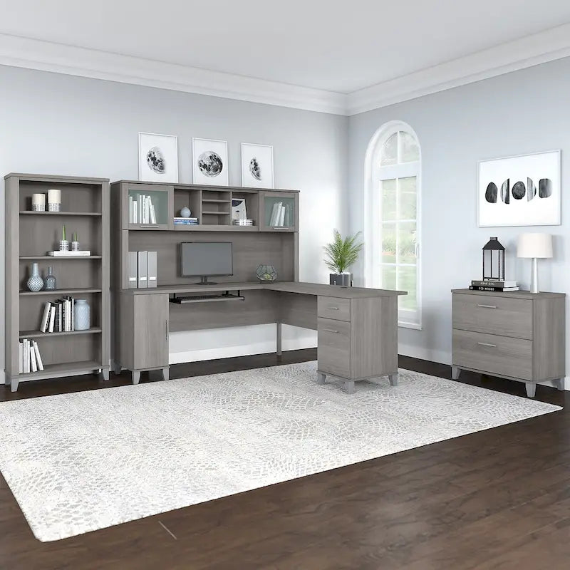 Bureau d'angle en L Somerset 72W avec huche, armoire et bibliothèque en gris