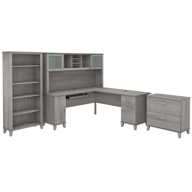 Bureau d'angle en L Somerset 72W avec huche, armoire et bibliothèque en gris